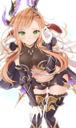 Rule 34 | 1girl, asymmetrical bangs, blonde hair, blush, breasts, breasts apart, cleavage, detached sleeves, floating hair, gloves, granblue fantasy, green eyes, hair ornament, hand on own knee, highres, leaning forward, long hair, medium breasts, midriff, navel, simple background, smile, solo, standing, stomach, thighhighs, tweyen (granblue fantasy), very long hair, white background, white gloves, whitel (zou tukasaki)