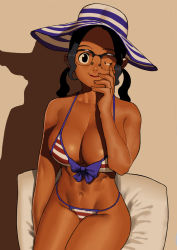 Rule 34 | 1girl, abs, arung samudra (cessa), bikini, black eyes, black hair, bow, bow bikini, breasts, cessa, cleavage, commentary, dark-skinned female, dark skin, english commentary, forehead, glasses, hat, large breasts, legs together, light smile, lipstick, looking at viewer, makeup, navel, ombok diving and delivery services, one eye closed, over-rim eyewear, pac-man eyes, parted bangs, pillow, purple bow, semi-rimless eyewear, shadow, sitting, solo, spaghetti strap, striped bikini, striped clothes, sun hat, swimsuit, thighs, toned, very dark skin