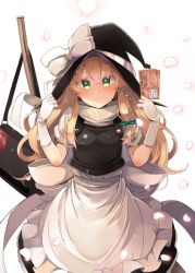 Rule 34 | 1girl, alternate eye color, apron, bag, black hat, black skirt, black vest, blonde hair, blush, bow, broom, commentary request, cowboy shot, frilled apron, frills, gloves, green bow, green eyes, hair between eyes, hair bow, hands up, hat, hat bow, holding, kirisame marisa, long hair, looking at viewer, petals, puffy short sleeves, puffy sleeves, qr code, shin (new), shirt, short sleeves, sidelocks, simple background, skirt, skirt set, smile, solo, touhou, vest, waist apron, white apron, white background, white bow, white gloves, white shirt, witch hat