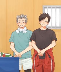 Rule 34 | 2boys, ball, black hair, black legwear, black shirt, blue shirt, bokuto koutarou, closed mouth, clothes around waist, commentary request, grey hair, haikyuu!!, head tilt, indoors, jacket, jacket around waist, kuroo tetsurou, laugh 111, male focus, multicolored hair, multiple boys, own hands together, pants, shirt, shorts, smile, standing, track jacket, track pants, two-tone hair, volleyball, volleyball (object)
