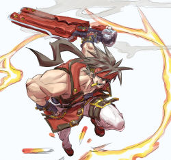 Rule 34 | 1boy, ammunition, belt, brown hair, bullet, fingerless gloves, forehead protector, gloves, guilty gear, guilty gear xrd, male focus, mouth hold, multiple belts, muscular, ponytail, reverse grip, shotgun shell, sleeveless, sol badguy, solo, sword, weapon, yabe makoto