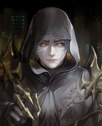 Rule 34 | 1boy, absurdres, armor, black robe, city, city lights, cityscape, claws, commentary, crying, dark persona, emet-selch, english commentary, eyelashes, final fantasy, final fantasy xiv, garlean, glowing, glowing eyes, hajun (hey sangha), highres, hooded robe, huge filesize, lips, looking at viewer, male focus, robe, shoulder armor, solo, tears, yellow eyes