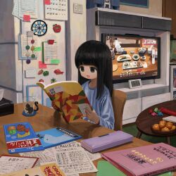 Rule 34 | 1girl, absurdres, black eyes, black hair, blunt bangs, book, calendar (object), chair, clock, controller, cup, fish, fish tank, food, fruit, game controller, highres, holding, holding book, indoors, light switch, long hair, long sleeves, magnet, open mouth, orange (fruit), original, paper, refrigerator, sa1bi, shirt, sitting, solo, table, television, wii remote