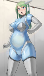 Rule 34 | 1girl, auto internal cumshot, big belly, blue eyes, blue skin, blurry, blurry background, blush, breasts, censored, cleavage, clenched hands, clenched teeth, colored skin, commentary request, cum, cum inflation, dickneck, ejaculation, elbow gloves, feet out of frame, gloves, green hair, hair between eyes, headgear, highres, inflation, long hair, looking away, misplaced genitals, mosaic censoring, navel, no pussy, open mouth, original, oruka (kamituki0827), penis, penis neck, sidelocks, solo, sweatdrop, teeth, thick thighs, thighhighs, thighs, see-through body