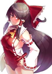 Rule 34 | 1girl, ascot, blush, bow, breasts, brown hair, closed mouth, commentary request, covered navel, detached sleeves, hair bow, hakurei reimu, highres, kupala, long hair, looking at viewer, medium breasts, red bow, red eyes, sideboob, simple background, solo, thighs, touhou, touhou tag dream, very long hair, white background, yellow ascot