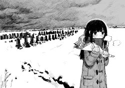 Rule 34 | 1girl, absurdres, black hair, blush, bouquet, breath, covered mouth, flower, graveyard, grey sky, greyscale, highres, holding, holding bouquet, long hair, long sleeves, monochrome, original, outdoors, overcast, plant, sky, snow, solo, tombstone, upper body, winter clothes, zinbei