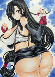 Rule 34 | ass, black hair, breasts, curvy, earrings, final fantasy, final fantasy vii, final fantasy vii remake, gloves, highres, huge ass, jewelry, large breasts, long hair, looking back, miniskirt, pencil skirt, single earring, skirt, smile, solo, suspender skirt, suspenders, thick thighs, thighs, tifa lockhart, twobee, very long hair, wide hips