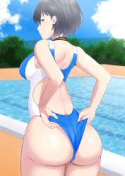 Rule 34 | 1girl, absurdres, adjusting clothes, adjusting swimsuit, ass, bare shoulders, black hair, blush, breasts, competition swimsuit, from behind, green eyes, highres, huge ass, looking back, medium breasts, one-piece swimsuit, original, shanghongyecun, shiny skin, short hair, sideboob, solo, swimsuit, wedgie