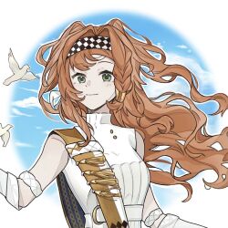 Rule 34 | 1girl, ayano1537564942, bird, blue sky, braided sidelock, checkered hairband, circle, closed mouth, cloud, dress, floating hair, gloves, green eyes, highres, long hair, looking at viewer, orange hair, reverse:1999, sash, shoulder sash, sky, sleeveless, sleeveless dress, smile, solo, sonetto (parade anthem) (reverse:1999), sonetto (reverse:1999), tassel, upper body, white background, white dress, white gloves, yellow sash