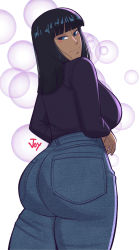 Rule 34 | 1girl, ass, ass focus, black hair, blue eyes, breasts, dark skin, denim, from behind, highres, huge ass, jeans, joylewds, long hair, looking at viewer, looking back, nico robin, one piece, pants, shiny clothes, sideboob, smile, solo