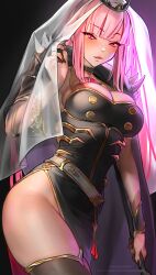 Rule 34 | 1girl, absurdres, black dress, black nails, breasts, cape, choker, detached sleeves, dress, highres, hololive, hololive english, large breasts, mori calliope, mori calliope (1st costume), nail polish, olga korezky, pink eyes, pink hair, scythe, shoulder spikes, single thighhigh, spikes, thick thighs, thighhighs, thighs, tiara, veil, virtual youtuber