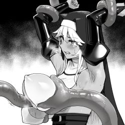 Rule 34 | 1girl, armpits, blush, grabbing another&#039;s breast, breasts, clenched teeth, detached sleeves, from side, grabbing, greyscale, habit, hands up, huge breasts, juliet sleeves, long sleeves, mole, mole under eye, monochrome, nun, ohlia, original, paizuri, puffy sleeves, restrained, solo, teeth, tentacle sex, tentacles