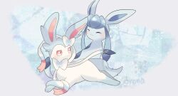 alternate_color blush bow closed_eyes closed_mouth creatures_(company) game_freak gen_4_pokemon gen_6_pokemon glaceon highres long_hair lvli_x2 lying nintendo no_humans pink_eyes pokemon pokemon_(creature) ribbon shiny_pokemon sidelocks smile sweat sylveon