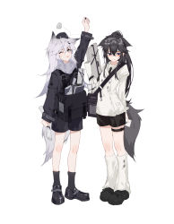 Rule 34 | 2girls, ;p, alternate costume, animal ears, arknights, arm up, black footwear, black hair, black headwear, black shirt, black shorts, black socks, blush, ears down, extra ears, goggles, goggles on head, grey eyes, grey hair, hat, highres, lappland (arknights), long hair, long sleeves, looking at viewer, multiple girls, one eye closed, owenhiruno, red eyes, scroll, shirt, shoes, shorts, simple background, socks, tail, texas (arknights), tongue, tongue out, white background, white shirt, white socks, wolf ears, wolf girl, wolf tail