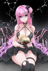 Rule 34 | 1girl, black dress, black ribbon, black thighhighs, black wings, blonde hair, breasts, broken glass, character doll, cleavage, dorothy (nikke), dorothy (nostalgia) (nikke), dress, empty eyes, fake wings, feathered wings, frilled dress, frills, glass, goddess of victory: nikke, hair bun, hair intakes, hair ribbon, halter dress, halterneck, highres, holding, large breasts, long hair, looking at viewer, official alternate costume, parted lips, pink hair, pinne (nikke), piyopiyomaru (piyo8823), purple eyes, red eyes, ribbon, shaded face, skindentation, solo, thigh strap, thighhighs, torn clothes, wings
