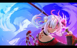 Rule 34 | absurdres, bell, commentary request, double bun, floating hair, gradient hair, hair bell, hair between eyes, hair bun, hair ornament, highres, holding, holding sword, holding weapon, hololive, hololive alternative, horns, japanese clothes, katana, kimono, kurotsubaki9628, letterboxed, light particles, long hair, looking at viewer, mask, multicolored hair, nakiri ayame, nakiri ayame (1st costume), oni mask, red hair, red kimono, sidelocks, skin-covered horns, solo, sword, tattoo, two-tone hair, virtual youtuber, weapon, white hair