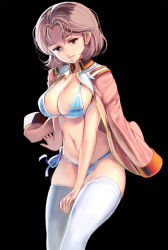Rule 34 | 1girl, bikini, black background, blue bikini, breasts, brown eyes, brown hair, cleavage, commentary request, cowboy shot, gundam, highres, jacket, jacket on shoulders, kouno (masao), large breasts, looking at viewer, mirai yashima, mobile suit gundam, navel, parted bangs, parted lips, short hair, side-tie bikini bottom, simple background, smile, solo, striped bikini, striped clothes, swimsuit, thighhighs, thighs, white thighhighs