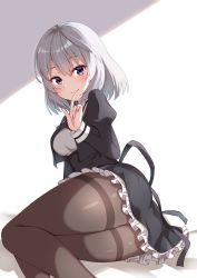 Rule 34 | 1girl, ass, assault lily, black ribbon, black skirt, blush, breasts, brown pantyhose, buttons, closed mouth, commentary request, cropped jacket, feet out of frame, finger to mouth, fingernails, frilled skirt, frills, from behind, grey background, grey hair, gungun (hakutou7887), hair between eyes, hand up, hata matsuri, high-waist skirt, highres, index finger raised, juliet sleeves, long sleeves, looking at viewer, lying, medium breasts, medium hair, miniskirt, neck ribbon, on side, pantyhose, pink eyes, puffy sleeves, ribbon, school uniform, shadow, shirt, skirt, smile, solo, thighband pantyhose, thighs, two-tone background, white background, white shirt, yurigaoka girls academy school uniform