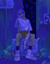 Rule 34 | 1girl, air conditioner, ankle socks, arthropod girl, arthropod limbs, blue-tinted eyewear, blue background, blue eyes, blue footwear, blue hair, blue shirt, blue socks, blue theme, commentary request, condenser unit, eyeball, full body, green shorts, highres, huyu pm04, leg tattoo, looking at viewer, mantis girl, muted color, open mouth, original, outdoors, plant, round eyewear, shirt, shoes, short hair, shorts, sitting, sneakers, socks, solo, stitched neck, stitches, sunglasses, tattoo, tinted eyewear