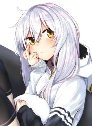 Rule 34 | 1girl, :t, arm support, azuma lim, azuma lim channel, black choker, black thighhighs, blush, brown eyes, choker, closed mouth, collarbone, hair between eyes, highres, hood, hood down, hoodie, hugging object, long hair, long sleeves, moti yousei, silver hair, sitting, sleeves past wrists, solo, thighhighs, virtual youtuber, white hoodie