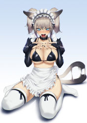 Rule 34 | 1girl, animal ears, apron, bikini, bikini under clothes, black bow, black collar, black nails, black sleeves, blue background, blue eyes, blueorca, blush, bow, breasts, brown hair, cat ears, cat girl, cat tail, cleavage, collar, commentary, crying, crying with eyes open, detached sleeves, english commentary, frilled apron, frills, full body, gradient background, hair between eyes, hands on own chest, highres, large breasts, looking at viewer, maid headdress, medium hair, motion blur, nail polish, no shoes, nose blush, open mouth, original, runny makeup, saliva, shiny skin, side-tie bikini bottom, simple background, sitting, solo, swimsuit, tail, tears, teeth, thighhighs, thighs, twintails, waist apron, wariza, white apron, white background, white thighhighs