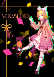 Rule 34 | 1girl, absurdres, alternate costume, blonde hair, blue eyes, hair ornament, hair ribbon, hairclip, hand up, happy, highres, kagamine rin, looking at viewer, molianmengdada, open mouth, ribbon, shoes, short hair, smile, solo, vocaloid, waving
