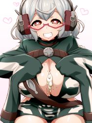 Rule 34 | 1girl, after paizuri, bad id, bad pixiv id, breasts, brown eyes, cleavage, glasses, grin, heart, heart-shaped pupils, highres, kikazaru (last period), large breasts, last period, looking at viewer, maeda r44, short hair, silver hair, smile, solo, symbol-shaped pupils