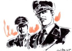 Rule 34 | 2boys, character request, commentary request, daitetsujin 17, dated, facial hair, greyscale, hat, hayama jun&#039;ichi, male focus, monochrome, multiple boys, mustache, necktie, police, police hat, police uniform, spot color, uniform