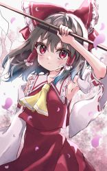 Rule 34 | 1girl, absurdres, ascot, bare shoulders, black hair, blush, bow, closed mouth, detached sleeves, gohei, hair between eyes, hair bow, hair tubes, hakurei reimu, highres, holding, japanese clothes, kayon (touzoku), medium hair, nontraditional miko, red bow, red eyes, red skirt, sidelocks, skirt, solo, touhou, white sleeves, wide sleeves, yellow ascot