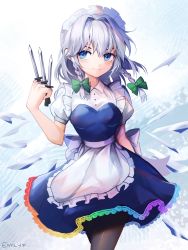 Rule 34 | 1girl, apron, artist name, back bow, between fingers, black legwear, blue dress, blue eyes, blush, bow, braid, breasts, buttons, collared shirt, dress, feet out of frame, frilled apron, frills, green ribbon, hair ribbon, highres, holding, holding knife, izayoi sakuya, knife, knives between fingers, lace trim, large breasts, looking to the side, maid, maid apron, maid headdress, one eye closed, puffy short sleeves, puffy sleeves, rainbow gradient, ribbon, sash, shianebulae, shirt, short sleeves, silver hair, smile, solo, standing, touhou, tress ribbon, twin braids, unconnected marketeers, white apron, white sash, wing collar