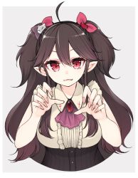 Rule 34 | + +, 1girl, 3:, ahoge, black hair, bow, breasts, brooch, claw pose, closed mouth, corset, fang, fang out, hair between eyes, hair bow, hair flaps, hands up, highres, jewelry, kuusou code plus, large breasts, long hair, looking at viewer, nekoume, pointy ears, sidelocks, smile, solo, two side up, upper body, virtual youtuber, yoruno tobari