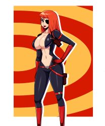 Rule 34 | 1girl, absurdres, bodysuit, breasts, cleavage, eyepatch, hand on own hip, highres, iggybomb, large breasts, lipstick, long hair, makeup, molotov cocktease, navel, orange hair, red lips, solo, the venture bros., thighhighs, thighs