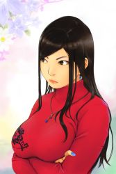 Rule 34 | 1girl, black hair, bra, breasts, carina (xiaowoo), crossed arms, earrings, floral print, flower, highres, jewelry, large breasts, lips, lipstick, long hair, makeup, nail polish, necklace, print, serious, solo, sweater, turtleneck, turtleneck sweater, underwear