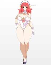 Rule 34 | 1girl, absurdres, breasts, cleavage, curvy, disgaea, dismania (xenoman), full body, gloves, highres, la pucelle, large breasts, leotard, prier, red eyes, red hair, short hair, smile, solo, thick thighs, thighs, wide hips