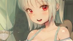 Rule 34 | 1girl, :d, bad id, bad twitter id, breasts, cleavage, commentary, cup, holding, looking at viewer, open mouth, original, oyabuli, red eyes, round teeth, short hair, smile, solo, symbol-only commentary, teacup, teeth, upper body, upper teeth only, white hair