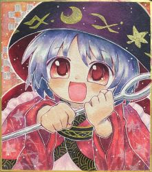 Rule 34 | 1girl, :d, blue hair, bowl, bowl hat, commentary, commission, djrem, happy, hat, highres, holding sewing needle, japanese clothes, kimono, long sleeves, mini person, minigirl, open mouth, pink kimono, red eyes, short hair, smile, solo, sukuna shinmyoumaru, touhou, traditional media, wide sleeves