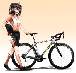 Rule 34 | 1girl, adapted costume, alternate costume, bicycle, bicycle helmet, bike shorts, blush, breasts, brown eyes, brown socks, fingerless gloves, full body, gloves, gradient background, hair ornament, helmet, highres, kantai collection, kazu (really in hot water now), long hair, looking at viewer, open mouth, sendai (kancolle), small breasts, smile, socks, solo, sportswear, two side up