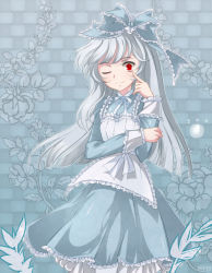 Rule 34 | 1girl, bad id, bad pixiv id, female focus, frills, long hair, mtyy, pale color, red eyes, solo, white hair, wink