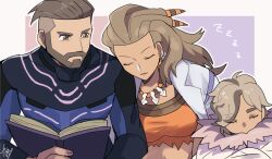 Rule 34 | 1girl, 2boys, aged down, arven (pokemon), beard, bodysuit, book, breasts, brown eyes, brown hair, closed eyes, closed mouth, coat, commentary request, creatures (company), earrings, eyelashes, facial hair, family, father and son, game freak, holding, holding book, jewelry, long hair, medium breasts, mother and son, multiple boys, necklace, nintendo, open clothes, open coat, orange shirt, pokemon, pokemon sv, rem (eyes 410), sada (pokemon), shirt, short hair, sleeping, turo (pokemon), zzz