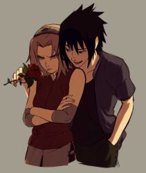 Rule 34 | 1boy, 1girl, black eyes, black hair, black shirt, breasts, ceejles, commentary, crossed arms, flower, forehead protector, frown, furrowed brow, grey eyes, hairband, hand in pocket, haruno sakura, height difference, hetero, highres, holding, holding flower, konohagakure symbol, naruto (series), naruto shippuuden, open clothes, open mouth, open shirt, pink hair, red flower, red rose, rose, shirt, signature, small breasts, smile, uchiha sasuke