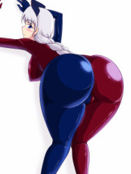 Rule 34 | 1girl, ass, bent over, blue eyes, blush, bodysuit, braid, breasts, female focus, from behind, hat, highres, huge ass, large breasts, latex, latex suit, long hair, silver hair, single braid, solo, spandex, tamakko, touhou, yagokoro eirin