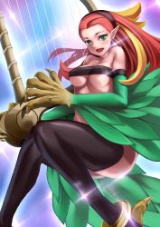Rule 34 | 1girl, absurdres, breasts, ch.ris, claws, duel monster, earrings, covered erect nipples, feathers, green eyes, harpie harpist, harpy, highres, hoop earrings, jewelry, looking at viewer, monster girl, multicolored hair, nipples, open mouth, pointy ears, red hair, solo, talons, underboob, wings, yu-gi-oh!, yuu-gi-ou, yu-gi-oh! duel monsters