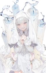 Rule 34 | 1girl, absurdres, bad id, bad twitter id, candle, cowboy shot, grey hair, habit, head tilt, highres, interlocked fingers, long sleeves, looking at viewer, nun, ohisashiburi, open mouth, original, own hands clasped, own hands together, simple background, solo, standing, teeth, water, white background