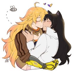 Rule 34 | 2girls, animal ears, bee, belt collar, black hair, blake belladonna, blonde hair, blush, breasts, brown jacket, bug, cat ears, closed eyes, collar, dlanon, ember celica (rwby), hand on another&#039;s shoulder, heart, hug, insect, jacket, large breasts, long hair, multiple girls, prosthesis, prosthetic arm, rwby, signature, tailcoat, upper body, white background, white tailcoat, yang xiao long, yuri