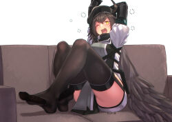 Rule 34 | 1girl, ahoge, arknights, ass, beret, bird girl, black gloves, black hat, black thighhighs, blush, brown hair, cloak, commentary request, couch, crossed ankles, feather cape, feather hair, feet, garter straps, gloves, grey shirt, hair between eyes, hat, highres, infection monitor (arknights), looking at viewer, no shoes, on couch, one eye closed, open mouth, plume (arknights), shirt, sitting, solo, squeans, thighhighs, thighs, twitter username, wavy mouth, yamauchi (conan-comy), yawning, yellow eyes