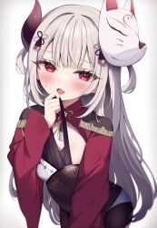 Rule 34 | 1girl, black dress, blush, breasts, clothes lift, dress, epaulettes, fang, fox mask, grey hair, hair ornament, hand to own mouth, highres, horns, leaning forward, lifting own clothes, long hair, long sleeves, looking at viewer, mask, mask on head, namagome negi, naraka (1st costume) (nijisanji), naraka (nijisanji), nijisanji, open mouth, panties, pantyhose, red eyes, shrug (clothing), simple background, small breasts, solo, sweatdrop, underwear, virtual youtuber, white background, white panties