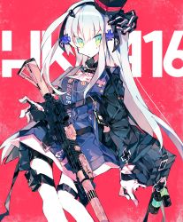 Rule 34 | 1girl, assault rifle, black hairband, black jacket, blue dress, character name, commentary request, dress, explosive, feet out of frame, girls&#039; frontline, gloves, green eyes, grenade, gun, h&amp;k hk416, hair ornament, hairband, hat, highres, hk416 (girls&#039; frontline), jacket, long hair, looking at viewer, meto (metrin), mini hat, name tag, pouch, red background, rifle, solo, thigh pouch, weapon, white gloves, white hair