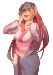 Rule 34 | 1girl, 3four, anemone (eureka seven), breasts, eureka seven, eureka seven (series), hair ornament, hairclip, japanese clothes, kimono, long hair, looking at viewer, open mouth, pink eyes, pink hair, simple background, smile, solo, white background