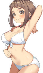 Rule 34 | 1girl, absurdres, arm up, armpits, bikini, blush, boku no hero academia, breasts, brown eyes, brown hair, closed mouth, collarbone, highres, large breasts, navel, simple background, solo, stomach, swimsuit, uraraka ochako, white background, white bikini, zd (pixiv6210083)