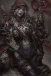 Rule 34 | 1girl, armor, arrow (projectile), artist name, belt, between breasts, bikini armor, bow (weapon), bra, braid, breastplate, breasts, cape, carrying, carrying over shoulder, chainmail, cloak, closed mouth, cowboy shot, curly hair, dark background, deviantart username, earrings, elf, empty eyes, enshanlee, expressionless, eyelashes, feather trim, feathers, fingernails, floating, floating object, gauntlets, gloves, glowing, glowing eyes, hand on another&#039;s head, head tilt, highres, hood, horn ornament, horns, jewelry, leather, leather gloves, leg hold, legs together, lips, long eyebrows, long fingernails, long hair, looking afar, makeup, medium breasts, monster, muscular, naked armor, navel, ornate armor, pale skin, pauldrons, pointy ears, quiver, red cape, red cloak, red eyes, red lips, ring, scar, scarf, shade, shoulder armor, shoulder carry, shoulder pads, single glove, single horn, sitting, sitting on person, sitting on shoulder, skull, solo, spikes, stitches, stomach, strap, strap between breasts, string, sylvanas windrunner, thighs, thong, underwear, warcraft, watermark, weapon, weapon on back, web address, white hair, wind, world of warcraft, wristband, zombie
